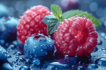 a close up of raspberries and blueberries with water drops on them