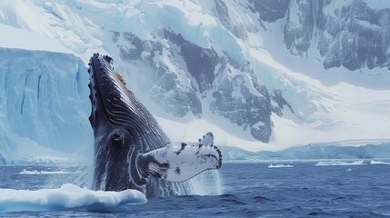 A humpback whale, a massive marine mammal, is breaching the icy waters near Antarctica, jumping out of the water with incredible force and grace.