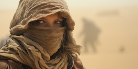 a woman with a scarf over her head - obrazy, fototapety, plakaty