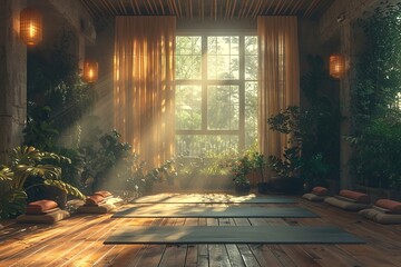Sunlight fills yoga studio through windows, creating a serene ambiance