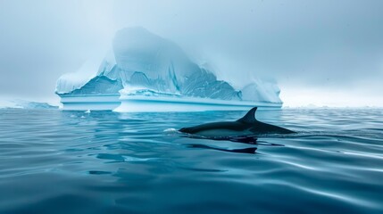 A dolphin gracefully swims in the water near a massive iceberg. The dolphins sleek body contrasts with the icy backdrop as it navigates the cold Antarctic waters.