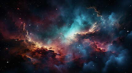 vast expanse of space filled with nebulous clouds and bright star clusters - obrazy, fototapety, plakaty