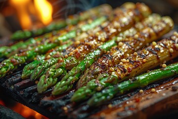 Food Asparagus is being grilled over a fire, a delicious vegetable dish - obrazy, fototapety, plakaty