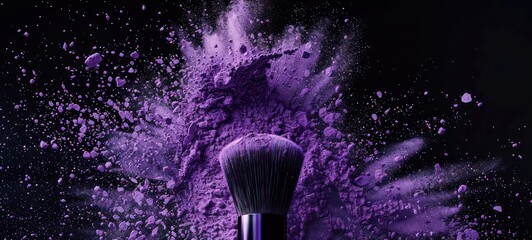 Beautiful explosion of violet powder and makeup brush on a black background. Beauty concept. Cosmetic background. - obrazy, fototapety, plakaty