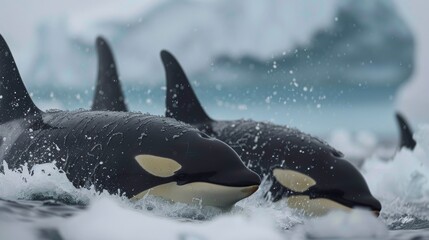 A group of three orcas, also known as killer whales, gracefully swim in the ocean, their sleek bodies cutting through the water as they navigate their marine environment.