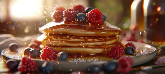 Fresh sweet Pancakes with mixed berries and maple syrup, digital 3D illustration with matte painting - obrazy, fototapety, plakaty