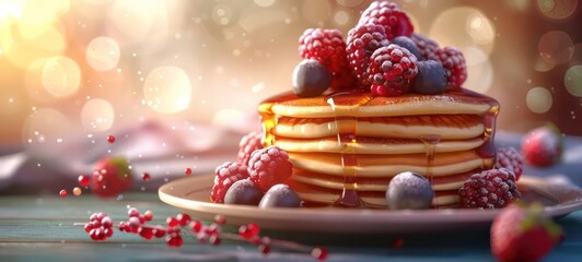 Fresh sweet Pancakes with mixed berries and maple syrup, digital 3D illustration with matte painting