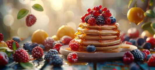Fototapeta premium Fresh sweet Pancakes with mixed berries and maple syrup, digital 3D illustration with matte painting