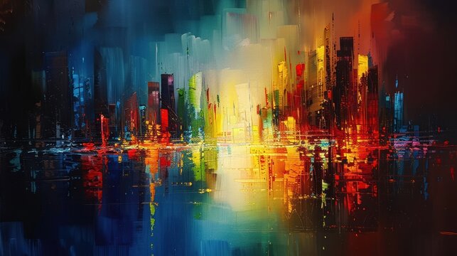 Abstract painting of a night city landscape. The sky is a mixture of red, blue and yellow. The city is reflected in the water below.