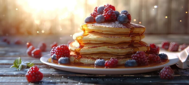 Fresh sweet Pancakes with mixed berries and maple syrup, digital 3D illustration with matte painting