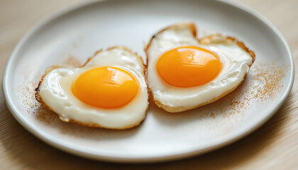 Two sunny side up breakfast fried eggs in shape of hearts. Closeup detail on white plate. Generative AI