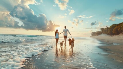 A man and woman are walking their dogs on the beach. The couple appears to be enjoying the sunny day as they stroll along the sandy shore with their two dogs.