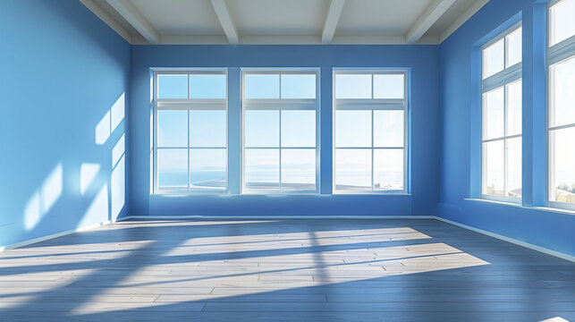 Empty blue living room with big windows