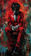 A man with black hair in a red suit, sitting on a stool with his head down and an expression of despair on his face. The background is an abstract painting with splashes of red, green and blue.