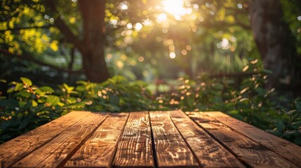 Wooden table in the garden at sunset. Selective focus.