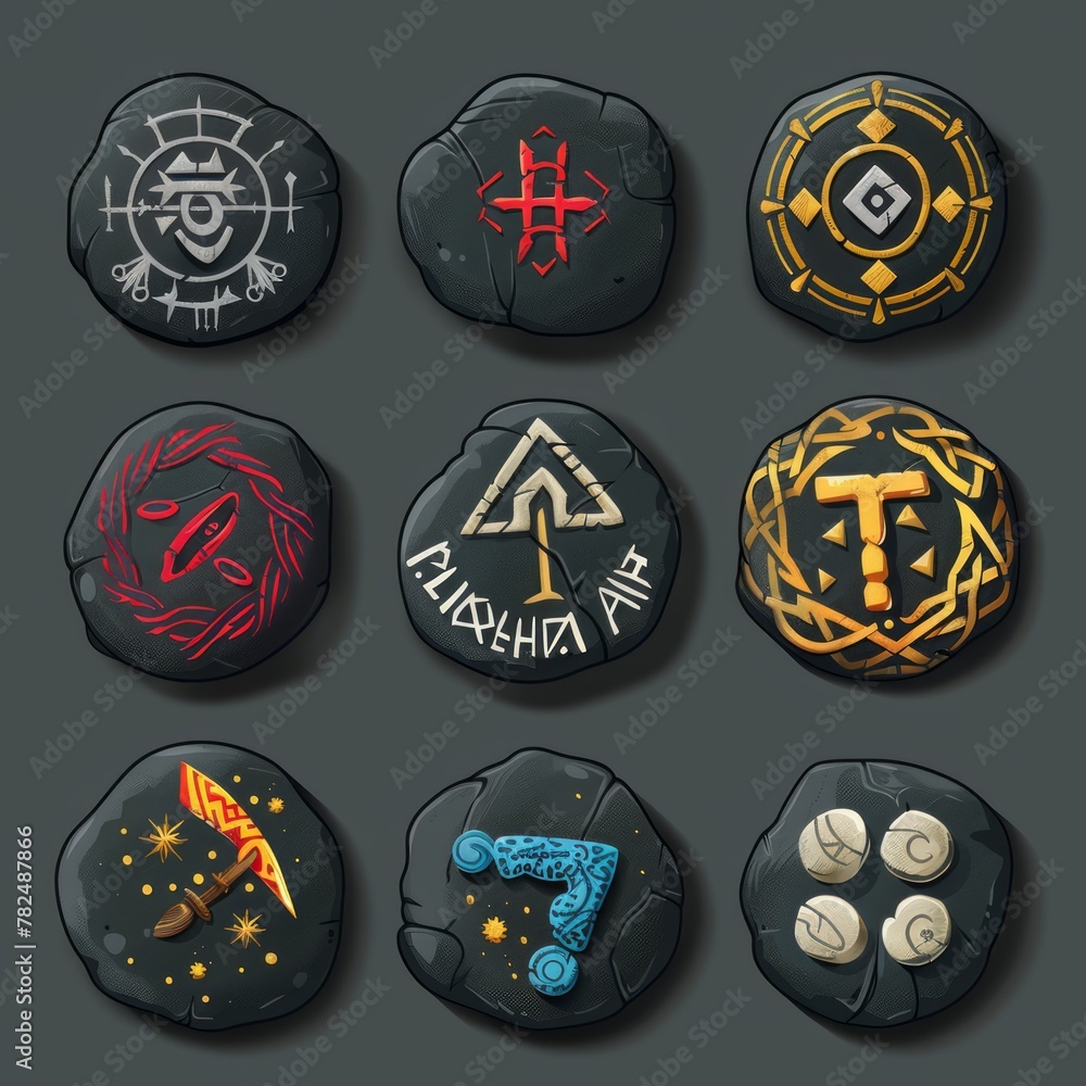 Wall mural Set of game stone icons. Zodiac signs, astrological symbols on stone set.