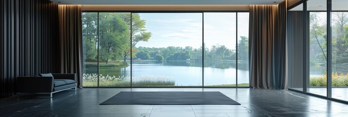 Elegant interior design in dark colors with lake view