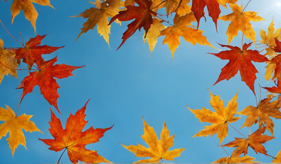 Autumnal vibrant orange maple leaves against blue sky