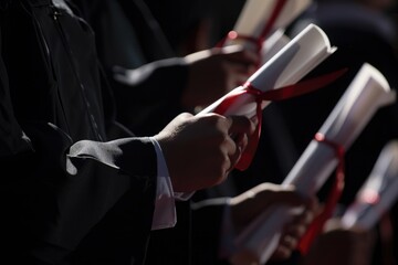 Group graduates hands diploma graduation university college red ribbon black mantle