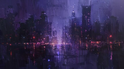 Futuristic cityscape at night. The street is filled with neon lights and buildings tower above it. The city seems rainy, the lights reflect off the wet sidewalk. The scene has a purple-blue tint.