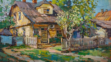 Obraz premium A painting of a small house with a yard and a tree in front of it.