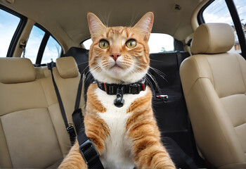 Cat in car with safety belt. Safe transport of animals