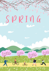 Vector illustration of the spring season. Poster with people and seasonal outdoor activity.