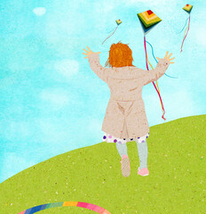 Ilustracja dziewczynka z rudymi włosami biegająca po łące za latawcami na tle błękitnego nieba. - 782489044