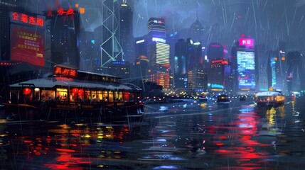 Night city landscape with rain. The street is filled with neon lights and high-rise buildings in the background. The streets are filled with the reflections of neon lights on the wet asphalt.