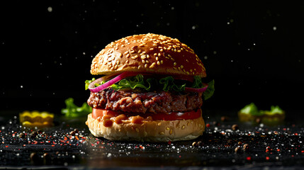 Fresh minced beef burger with spices on black background