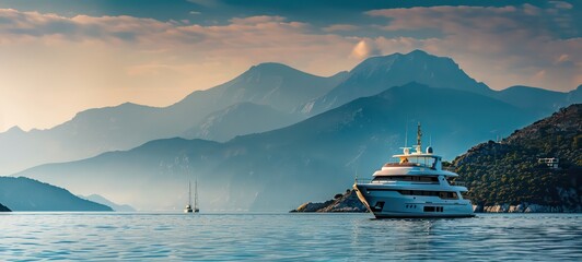 Luxury yacht sailing in the middle of the sea beside an island and mountains in the horizon as wide banner with copy space area for text - obrazy, fototapety, plakaty