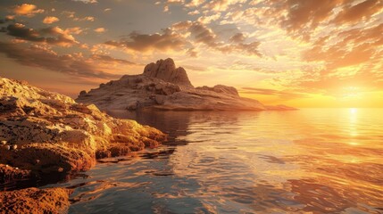 The sun is setting over the water, casting a warm glow on the rocks along the shore. The sky is colored with hues of orange and pink as the day comes to an end.