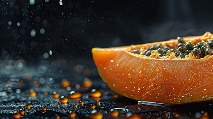 Fresh papaya with water droplets on black background