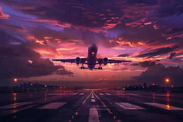 A passenger plane taking off at twilight