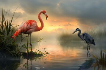 flamingo and heron in the water - obrazy, fototapety, plakaty