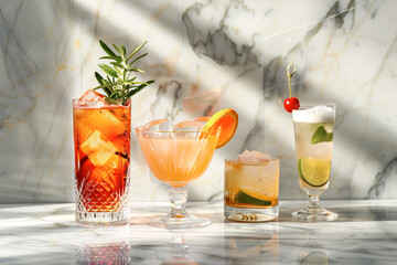 Four different summer fresh cocktails on white marble table and wall with dramatic hard light