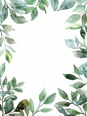Watercolor leafy frame border on white background on blank page. For invitations, save the date, wedding.