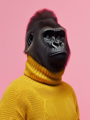 Portrait from gorilla wears a yellow turtleneck sweater
