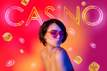 Obraz na płótnie Canvas Creative collage of lovely pretty lady sunglass vibrant light effect casino chips dice isolated on pink red background