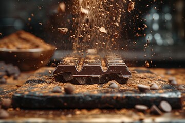A chocolate bar is being smashed with chocolate powder in a building event