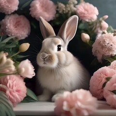 A cute bunny with floppy ears, sitting in a bed of flowers2