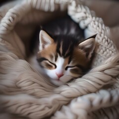 Obraz premium A sleepy kitten curled up in a cozy bed, with a soft pillow under its head3