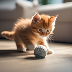 A fluffy orange kitten with white paws, playing with a ball of string1