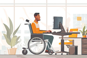 Disabled person in the wheelchair works in the office at the computer. Flat design, minimal style illustration - obrazy, fototapety, plakaty