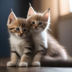 Obraz premium A pair of kittens cuddled up together, grooming each other1