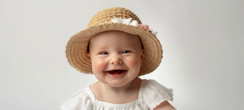 Portrait of cute newborn laughing happy baby in summer hat and white dress as studio shoot on a white background