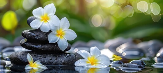 Fototapeta na wymiar Spa or meditation massage therapy center banner of white plumeria white flowers and stack of black stones