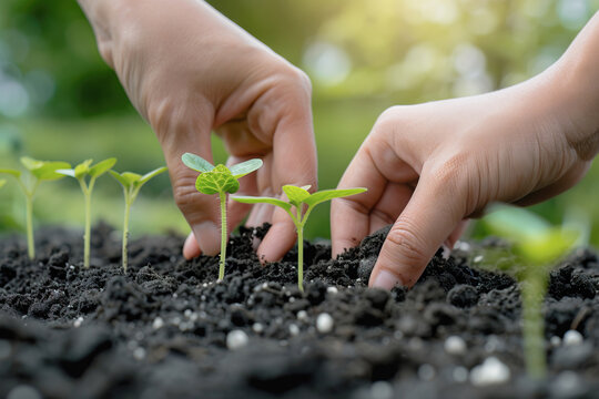 Hands place seedlings in a garden, close up from hands. Sustainability and green movement and eco friendly concept