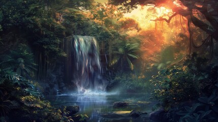 A stunning painting depicting a powerful waterfall cascading down rocks in the midst of a dense forest. The water flows gracefully, creating a dramatic scene that captures the beauty of nature.