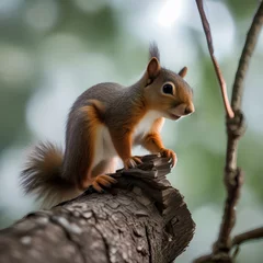 Foto op Canvas A baby squirrel clinging to a tree branch, with its tail wrapped around it5 © Ai.Art.Creations